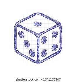 Dice cube, casino game. Hand drawn sketched picture with scribble fill. Blue ink. Doodle on white background