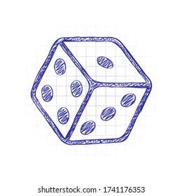 Cubo de dados, juego de casino. Imagen dibujada a mano con relleno de garrapatas. Tinta azul. Doodle sobre fondo blanco