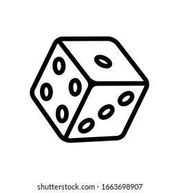 Dice cube, casino game, outline design. Black icon on white background