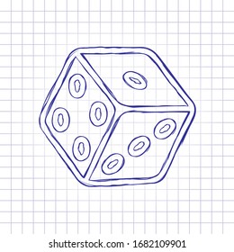 Cubo de dados, juego de casino, diseño de esquema. Imagen dibujada a mano en papel. Tinta azul, estilo de esbozo. Doodle sobre fondo a cuadros
