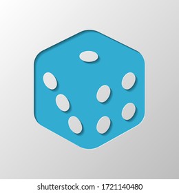 Dice cube, casino game. Paper design. Cutted symbol with shadow