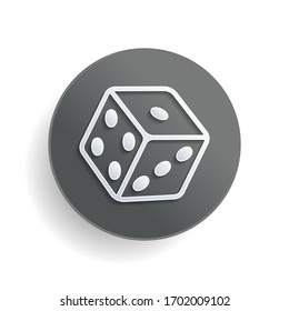 Dice cube, casino game. White paper symbol on gray round button or badge with shadow