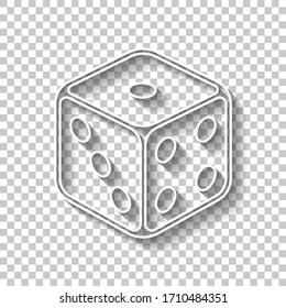 Dice cube, casino game. White outline sign with shadow on transparent background