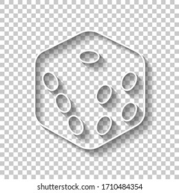 Cubo de dados, juego de casino. Signo de esquema blanco con sombra sobre fondo transparente