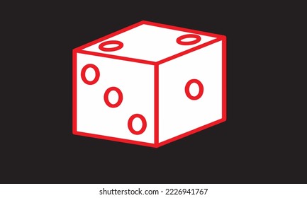 Dice cube, casino game. white red icon on black background