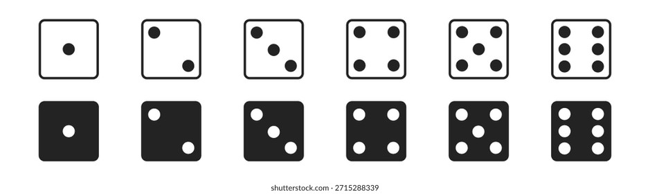 Ícones de jogo de dados e cubo para jogos de azar, com números, design vetorial, quadrados planos brancos e pretos isolados, símbolos de jogos, diversão e lazer, em um fundo transparente.