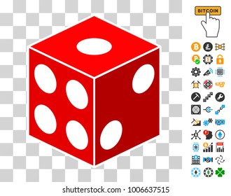 Dice Cube icon with bonus bitcoin mining and blockchain graphic icons. Vector illustration style is flat iconic symbols. Designed for bitcoin apps.