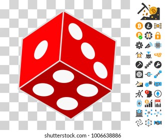 Dice Cube icon with bonus bitcoin mining and blockchain design elements. Vector illustration style is flat iconic symbols. Designed for crypto currency ui toolbars.