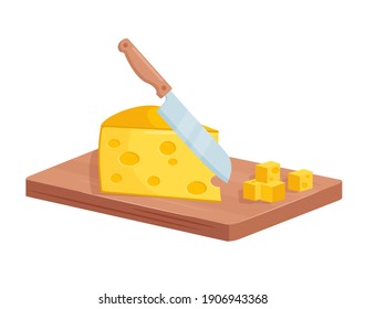 Indicar la ilustración vectorial isométrica del queso cortado. Caricatura de 3d cuchara de queso en tablero de madera mientras se cocina el proceso de la comida, corte de cuchillos de cocina, corte de queso para cocinar plato gastronómico aislado en blanco