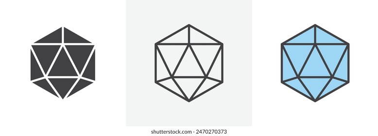 Dice d20 graphics. Die with 20 sides vector. 3D d20 polyhedron symbol.