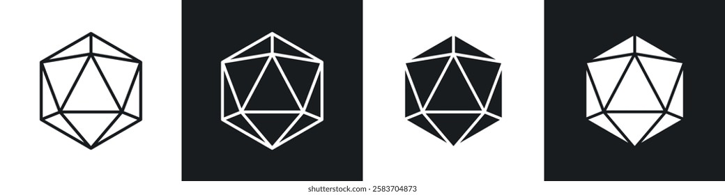 Dice d20 icons collection in black and white filled and line versions