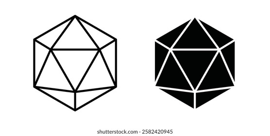 Dice d20 icons pack vectors in black flat and strokes