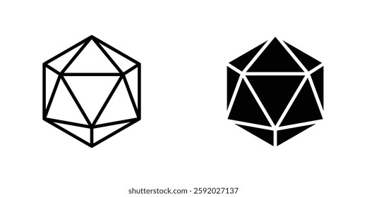 Dice d20 icons. stroke line and black solid icons