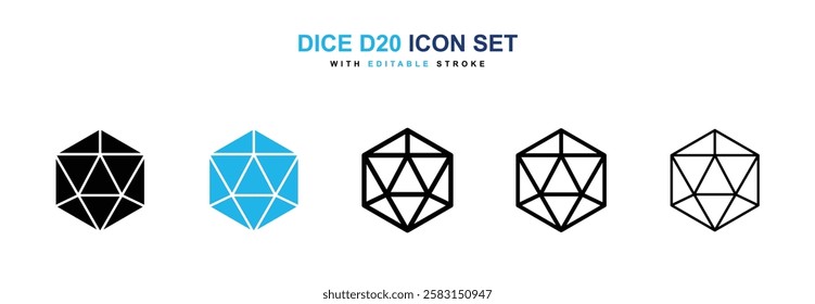 Dice d20 icons vector collection in black and blue colors on white background