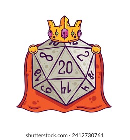 Dice d20. King character of board game with gold crown. Cartoon outline drawn illustration svg