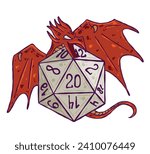 Dice d20 for playing board game. Cartoon outline drawn illustration. A magical creature