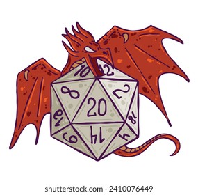 Dice d20 for playing board game. Cartoon outline drawn illustration. A magical creature