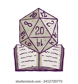 Dice d20 for playing board game. Cartoon outline drawn illustration svg