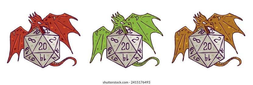 Dice d20 for playing board game. Cartoon outline drawn illustration. A magical creature