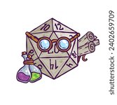 Dice d20 for playing Dnd. Dungeon and dragons board game. Cartoon outline drawn illustration
