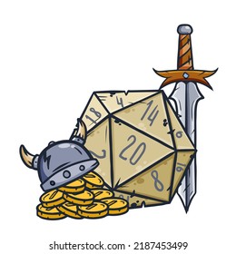 Dice d20 for playing Dnd. Dungeon and dragons board game. Treasures, paladin sword with gold coins. Cartoon outline drawn illustration svg