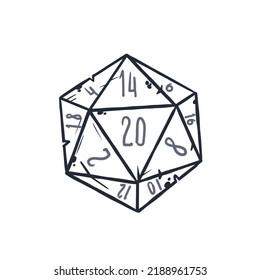 Dice d20 for playing Dnd. Dungeon and dragons board game. Cartoon outline drawn illustration