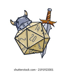 Dice d20 for playing Dnd. Dungeon and dragons board game. Treasures, paladin sword. Cartoon outline drawn illustration svg