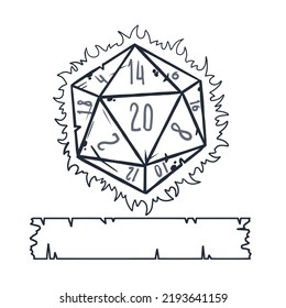 Dice d20 for playing Dnd. Dungeon and dragons board game. Cartoon outline drawn illustration