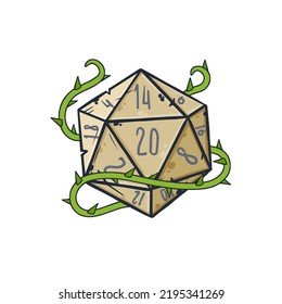Dice d20 for playing Dnd. Dungeon and dragons board game. Cartoon outline drawn illustration. Green plant with thorn svg