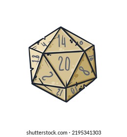 Dice d20 for playing Dnd. Dungeon and dragons board game. Cartoon outline drawn illustration svg