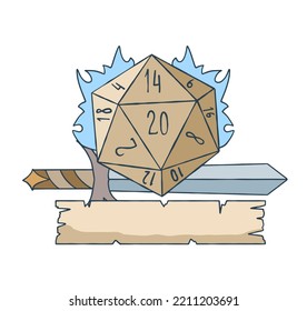 Dice d20 for playing Dnd. Dungeon and dragons board game. Copyspace for text on ribbon and sword of medieval paladin. Adventure Icon