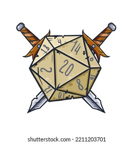 Dice d20 for playing Dnd. Dungeon and dragons board game. Crossed swords of medieval paladin. Adventure cartoon Icon svg