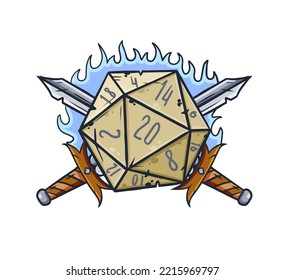 Dice d20 for playing Dnd. Dungeon and dragons board game. Crossed swords of medieval paladin. Adventure cartoon Icon svg