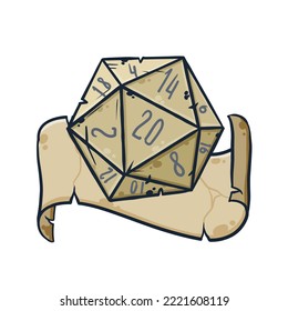 Dice d20 por jugar Dnd. Juego de tablero de mazmorras y dragones con cinta. Ilustración dibujada en el esquema de dibujos animados