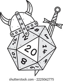 Dice d20 for playing Dnd. Dungeon and dragons board game. Treasures, paladin sword. 