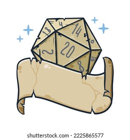 Dice d20 for playing Dnd. Dungeon and dragons board game with ribbon. Cartoon outline drawn illustration svg