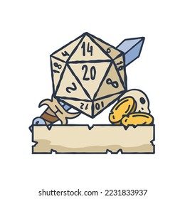 Dice d20 for playing Dnd. Dungeon and dragons board game with ribbon. Cartoon outline drawn illustration svg