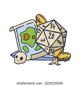 Dice d20 for playing Dnd. Dungeon and dragons board game with ribbon. Cartoon outline drawn illustration