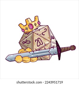 Dice d20 for playing Dnd. Dungeon and dragons board game with sword, gold crown. Cartoon outline drawn illustration svg