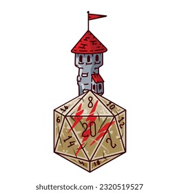 Dice d20 for playing Dnd. Dungeon and dragons board game with castle tower. Cartoon outline drawn illustration. Medieval Citadel