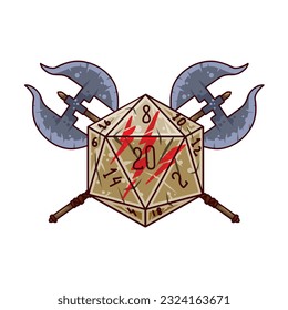 Dice d20 for playing Dnd. Dungeon and dragons board game. Crossed axe of medieval viking warrior, barbarian. Adventure cartoon Icon