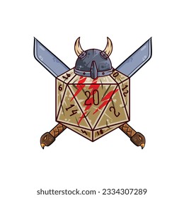 Dice d20 for playing Dnd. Dungeon and dragons board game. Crossed swords of medieval viking warrior, barbarian. Adventure cartoon Icon