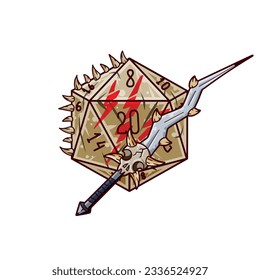 Dice d20 for playing Dnd. Dungeon and dragons board game. Crossed swords of medieval viking warrior, barbarian. Adventure cartoon Icon