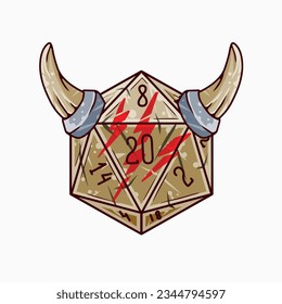 Dice d20 for playing Dnd. Dungeon and dragons board game. Cartoon outline drawn illustration