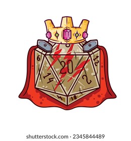 Dice d20 for playing Dnd. Dungeon and dragons board game with gold crown. Cartoon outline drawn illustration