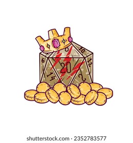 Dice d20 for playing Dnd. Dungeon and dragons board game with gold crown. Cartoon outline drawn illustration