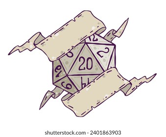 Dice d20 for playing Dnd. Dungeon and dragons board game. Cartoon outline drawn illustration with copy space for text