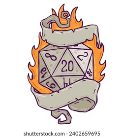 Dice d20 for playing Dnd. Dungeon and dragons board game. Cartoon outline drawn illustration with copy space for text