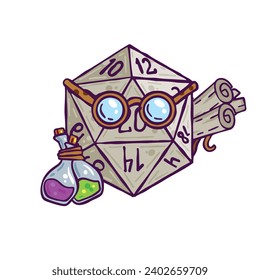 Dice d20 for playing Dnd. Dungeon and dragons board game. Cartoon outline drawn illustration