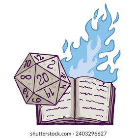 Dice d20 for playing Dnd. Dungeon and dragons board game. Cartoon outline drawn illustration with magic gems and spell book